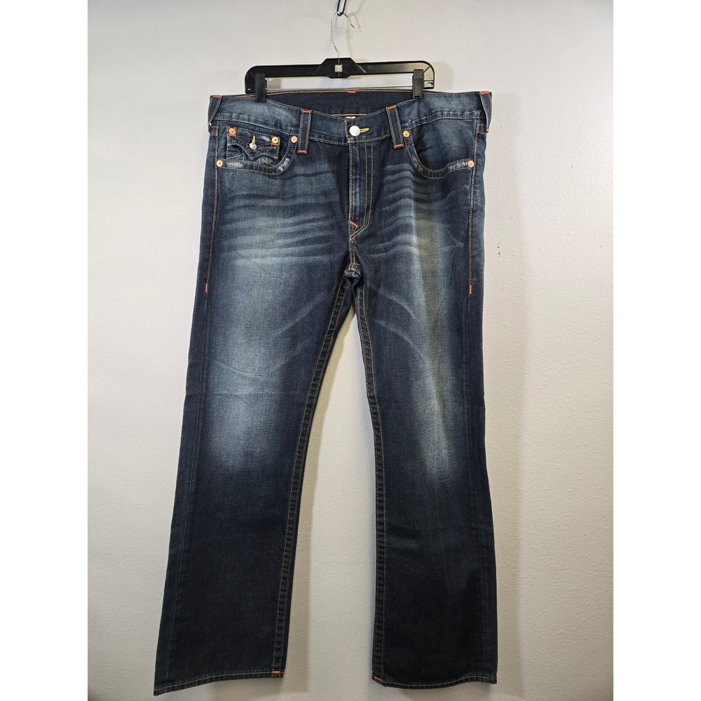True Religion Straight Seat Dark Wash Orange Stitch Denim Jeans 40